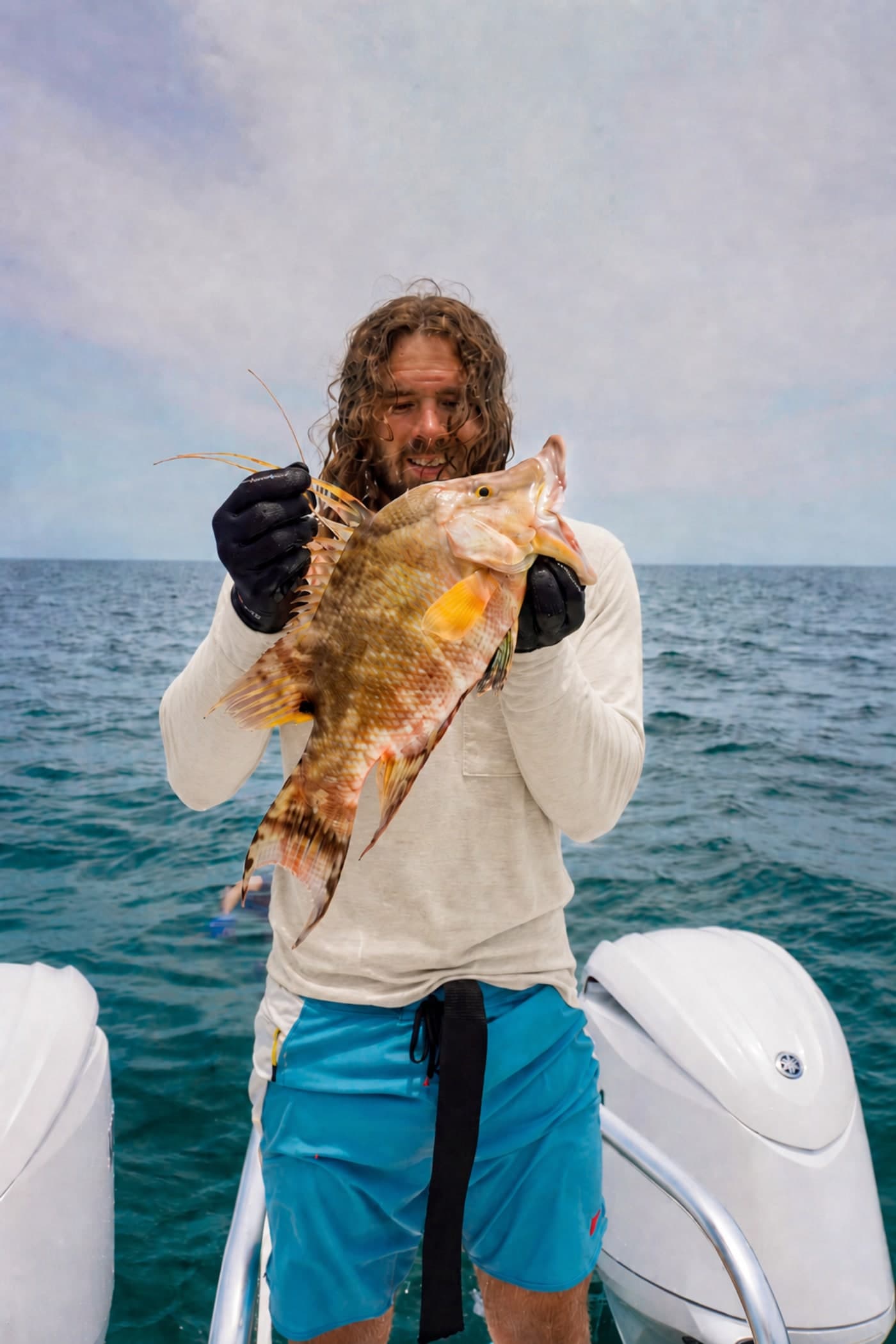 Offshore fishing in the Twin Fin sun hoodie